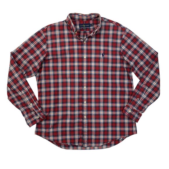 Ralph Lauren Shirt Men L Large Custom Fit Red Plaid Cotton Long Sleeve Shirttail - Picture 1 of 11